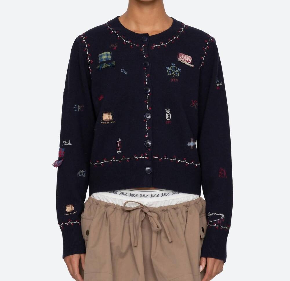 NEW SEA claira embroidered knit cardigan in navy